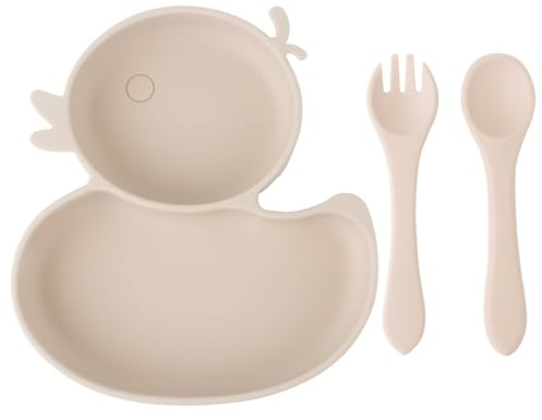 Qshare Baby Teller,Rutschfest Kinder Tischset mit Saugnäpfen,Geteilte Standfeste Babyteller Kleinkind Teller mit Löffel Gabel,BPA-Frei - Spülmaschinen und MikrowellenFest (Beige)