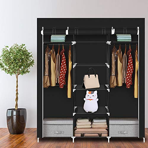 TactFire Armoire de Rangement en Tissu, Penderie avec Housse, Armoire Chambre Portable, Armoire à Vêtements, pour Chambre D'adulte avec 5 Couches 9 Compartiments, 150 x 45 x 175 cm, Noir