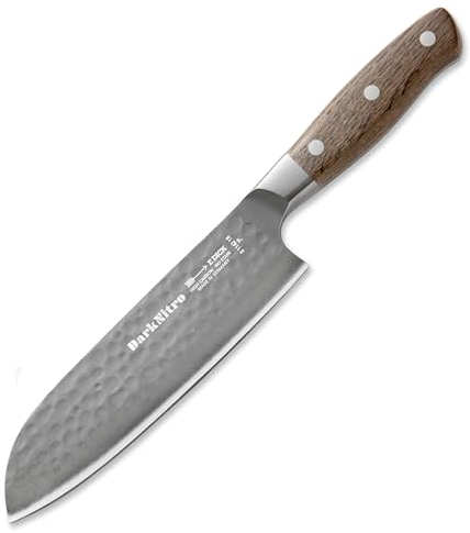 F. DICK Santoku DarkNitro 18 cm - geschmiedet, rostfrei, Klinge extra scharf, 61 HRC, Kochmesser Hammerschlag & Eichenholzgriff - Spezialstahl Küchenmesser - Profi Messer Made in Germany – 81142182
