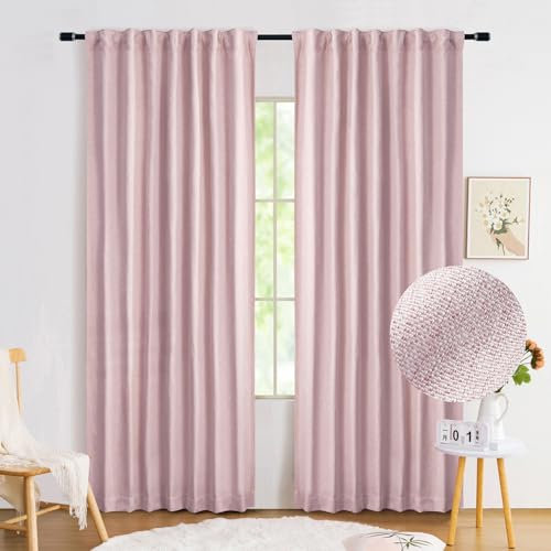 Pink Full Blackout Curtains for Nursery Girls Bedroom, 54 Inches Long Burlap Linen Textured Thermal Insulated 100 Room Darkening Back Tab Rod Pocket Drapes for Living Room Dining, 52W 2 Panels