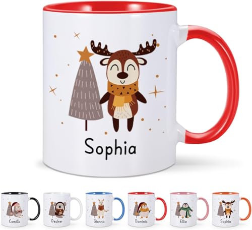 EKAM Personalised Christmas Mug - Add Your Name - with - Cute Reindeer Design Perfect Christmas Mug for Family, Friends, Mum, Dad, Kids and Girls, Tea Coffee Mug (11oz)