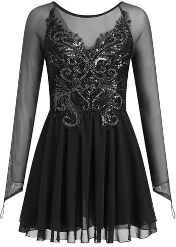AFAVOM Women's Figure Ice Skating Dress Shiny Floral Embroidery Ballet Dance Dress Long Sleeve Sequins Rhinestones Ruffle Chiffon Dress Skating Competition Lyrical Dancewear Mesh Dress Black S
