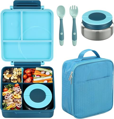 RETZLA Bento Lunch Box Set for Kids with 8oz Soup Thermo, Leak-Proof Lunch Containers with 4 Compartment, Kids Thermo Hot Food Jar and Insulated Lunch Bag for School-Blue