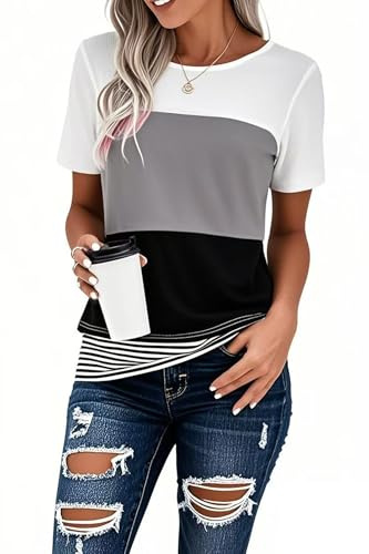 Daspkuwy Ladies Short Sleeve Jumpers for Women UK Crew Neck Color Block Knitted Tops Sweater Shirt Spring Summer Knitwear Blouses Size 6-8 Grey