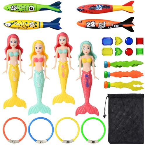 Forhandy Juego de 24 juguetes de buceo subacuáticos, para piscina, buceo, sirenas, con anillos de buceo, para natación, piscina, incluye bolsa de transporte