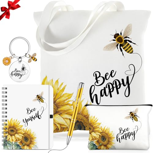HESTYA 5 Pcs Bee Themed Gifts for Women, Sunflower Bee Canvas Tote Bag Spiral Notebooks Ballpoint Pen Happy Keyring and Makeup Bag Gifts for Appreciation Birthday Christmas Thanksgiving for Mom