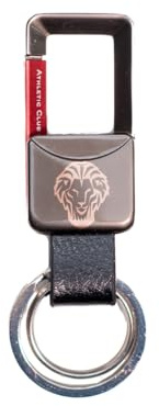 Llavero Athletic Club Mosquetón León en Piel Color Negro y Acero, Dispone de Dos argollas o Arandelas. 9 x 3 cm. Se Presenta en Caja Negra con el Escudo del Club. Producto Oficial