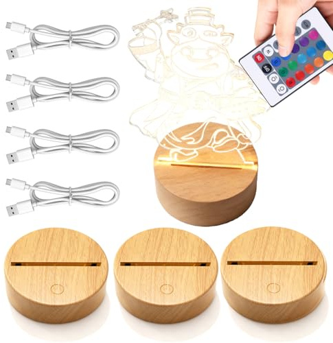 SUNOYA - Soporte LED 3D, juego de 4 bases luminosas 3D con mando a distancia, luz nocturna LED 3D, 16 colores ajustables, base LED para placa acrílica, dormitorio, sala de estar, bar, tienda - Color