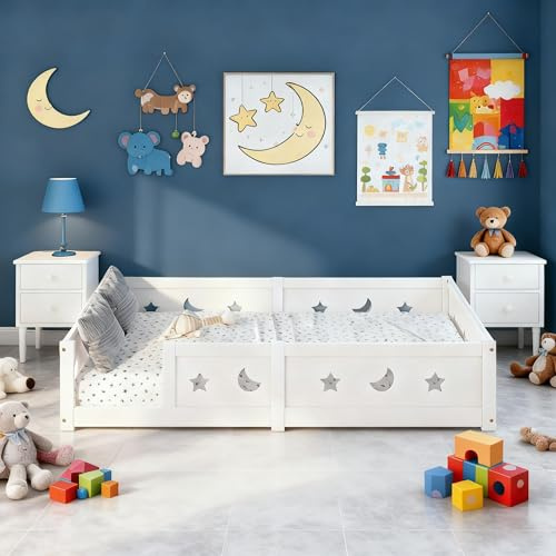 TDRTRD Cama de suelo de inspiración Montessori 90 x 200 cm, camas infantiles de madera con barrera de seguridad y somier de láminas, camas individuales para niños y niñas, diseño minimalista blanco