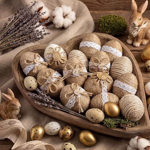 Jenaai 12 Pcs Farmhouse Burlap Easter Egg Ornaments Rustic Linen Rope Hanging Easter Eggs with Lace Wooden Button, Handmade Spring Easters Home Decorations for Tree, Basket, Party Decor