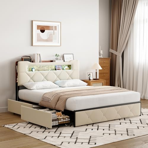 Lit 140 x 200, LED Lits Double, USB Lit avec Rangement 4 Tiroirs, Lit Rembourré, Elle est Parfaite Créer Ambiance Romantique, Cosy, Inspirée Apaisante Sommeil（Matelas non Inclus） (Beige, 140*200cm)