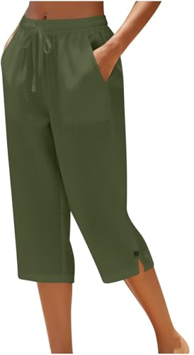 Ladies Cropped Trousers - Capri Pants for Women UK Petite Comfy Summer Three Quarter Length Trousers Stretchy Drawstring Waist Straight Leg Lounge Yoga Beach Capris Pants with Pockets Army Green