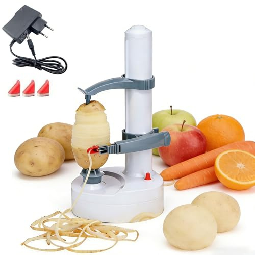 Pelapatate Elettrico, Pelamele Automatico Rotante con Lama Rimovibile in Acciaio Inossidabile, 3 Lame di Ricambio Incluse, Macchina Pelapatate da Cucina per Patate, Carote White + Battery Compartment