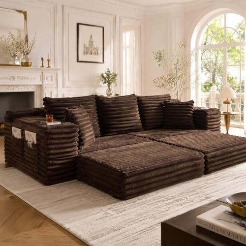 KOMHTOM Petit Canapé 3 Places en Velours Côtelé avec 5 Coussins Confortables, Poches Latérales et Porte-Gobelets - Canapé Convertible Multifonctionnel Moderne (Café)