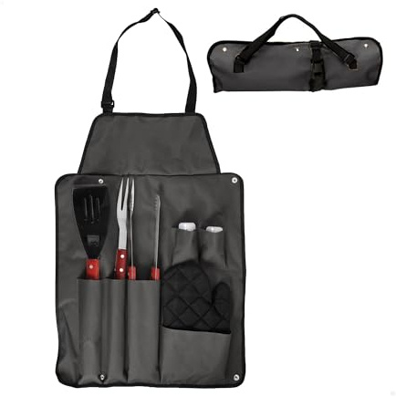Amig - Grembiule barbecue con 7 accessori - Acciaio inossidabile - Set utensili BBQ - Con tasche - Accessori pratici e presentazione curata per regalo - Mod. AM17