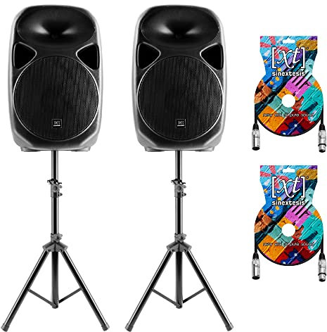 Sinextesis Impianto Audio Acustico con Coppia Altoparlanti Casse Attive Amplificate 800W con Woofer da 12 con Coppia di Stativi Aste e 2 Cavi XLR da 5 mt.