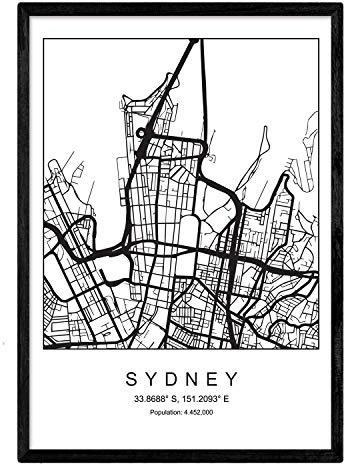 Nacnic Stampa artistica cartina geografica della città di Sidney, Australia, Oceania. Mappa della città dell'arte, stile nordico in bianco e nero. Stampato su Carta da 250 Grammi di Alta Qualità.