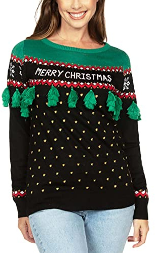 Tipsy Elves Womens Cute Christmas Tree Tassel Black and Green Ugly Christmas Sweater Size Large
