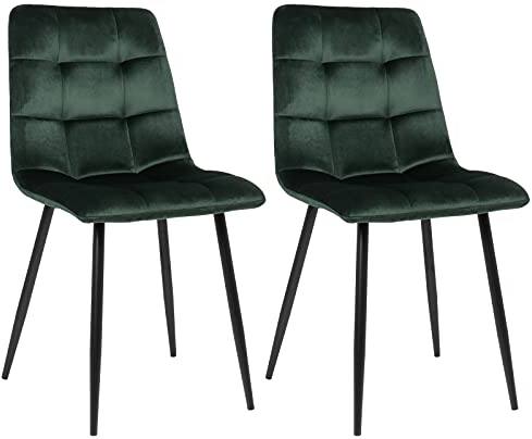 CLP 2er Set Esszimmerstuhl Tilde, Küchenstühle gepolstert mit gestepptem Bezug, Polsterstühle mit Metallgestell, bis 150 kg belastbar, Farbe:grün, Material:Samt