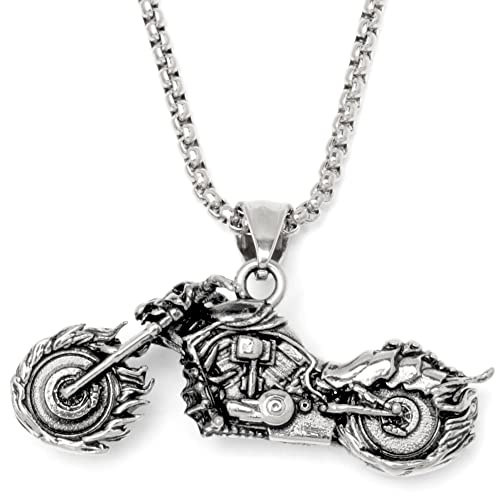 Schmuck-Checker Hell Bike Motorrad mit Flammen Totenkopf Teufel Hörner 316L Edelstahl Ketten-Anhänger Biker Schmuck Männer Geschenk (Silber)