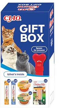 INABA CIAO Gift Box Snack per Gatti, Pacco Regalo con 10 Churu Cremosi, 2 Dashi Delights in Brodo, 1 Filetto di Pollo e Cucchiaio per l'Alimentazione Incluso - Snack Gatti e Cibo Umido Complementare