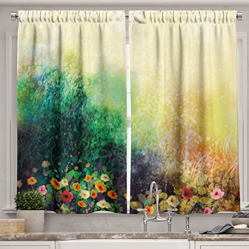 Ambesonne Flower Long Kitchen Curtains, Vibrant Colored Flower Bed on Valley in Fall Season with Shady Faded Murky Print, Two Panels Drapes with Rod Pocket Room Decor, 55 x 45, Mustard Green