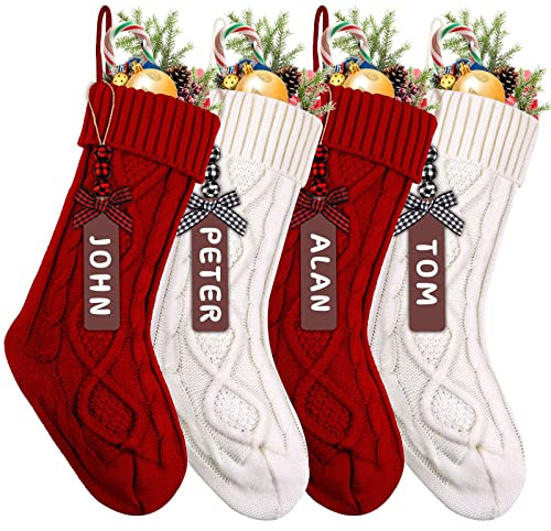 XIMISHOP 4PCS Christmas Stockings, 18inch Large Personalized Cable Knitted Xmas Hanging Stocking Decorations with Name Tags for Holiday Christmas Party Family Decor (Red and White)