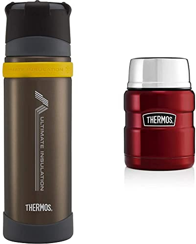 Thermos 104105 Ultimate Series Flask, Charcoal, 500 ml & 184807 Stainless King Food Flask, Cranberry Red, 0.47 L