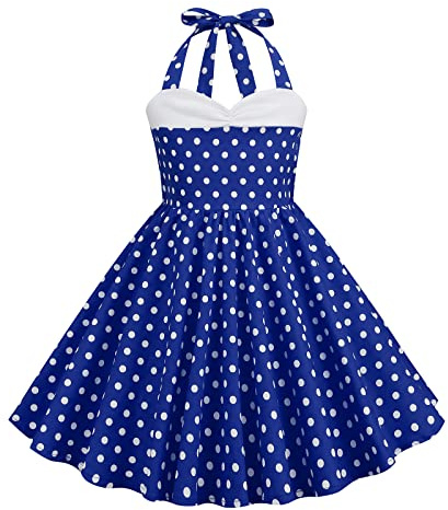 IWEMEK Girls Retro 50s Dress Sweetheart Halterneck Polka Dot Sleeveless A-line Rockabilly Swing Dress Flower Girl Bridesmaid Wedding Party Birthday Communion Evening Prom Dresses Blue 8-9 Years