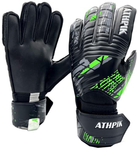 ATHPIK Goalie Goalkeeper Gloves with Pro Fingersaves, Strong Grip for The Toughest Saves, Protection to Prevent Injuries, Fit Match Training, Adult, Youth (Black & Green, 10)