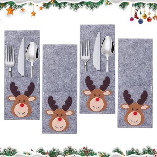 ZZRSYJ Besteckhalter Weihnachten, 4 Stück Bestecktasche Weihnachten, Weihnachtsmann Bestecktasche Filz Bestecktaschen, Weihnachten Tischdeko Filz für Party Abendessen Gabel Dekor(Reh)