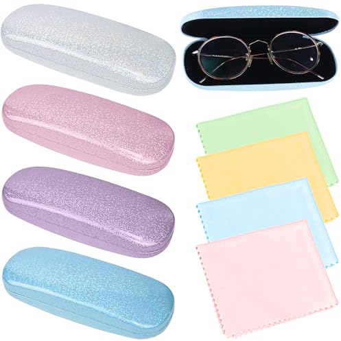 Brillenetui, 4 Stücke Brillenetui Hartschalen, Hartschalen Brillenetui Brillenbox mit 4 Stücke Mikrofasertuch für Brillen und Lesebrille, Geeignet für Damen, Herren 16,4 x 6 cm 4 Farben