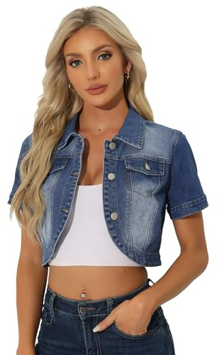 Allegra K Blouson en Jean Court Femme Veste Court en Denim Délavé Décontractée Col Rabattu Manches Courtes Boléro Vintage