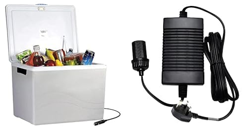 Koolatron Iceless 12V Electric Cool Box, 34L Portable Cooler/Warmer Car Refrigerator Fridge 230V AC to 12V DC Power Adapter Inverter/Converter with Circuit Breaker for Car Fridge