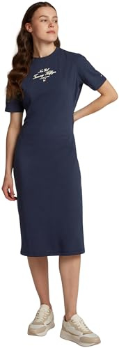 Tommy Hilfiger Donna Abito a T-Shirt Script Lunghezza Midi, Blu (Dark Night Navy), M