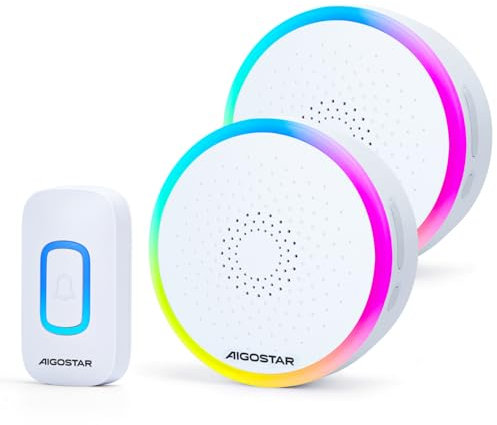 Aigostar Timbre Inalámbrico RGB, timbre inalámbrico exterior impermeable, IP55, 5 Niveles de Volumen (0-120dB) y 60 Melodías, Timbre para Ancianos, Casa, Oficina, Blanco (2 Receptor y 1 Transmisor)