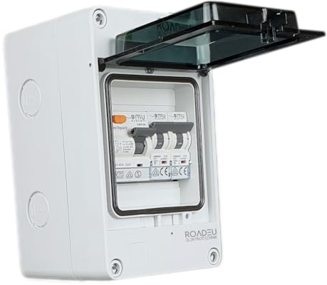 RoadEu - Quadro Elettrico Di Distribuzione - Interruttore automatico C10A e C16A, magnetotermico differenziale 40A 30mA 2P tipo A/AC, IP65 perfetto per il garage, il capanno o il giardino