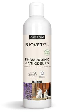 Biovetol - Shampoing Éliminateur d'odeurs pour Chien & Chat - Bio Certifié Ecocert - Tous Poils - Élimine Les Mauvaises Odeurs du Pelage - Conçu et Fabriqué en France - 240ml