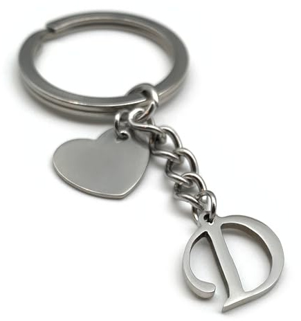 EVEMATE Keyring Letter with Heart - Initial A-Z Pendant Keychain - Handmade Stainless Steel - Name Gift Car Friend Partner (D)