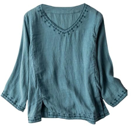 Generisch 2025 Chemisier vintage brodé à manches sept quarts - Chemise décontractée légère en coton et lin pour femme - Coupe ample - Haut de style rétro - Chemisier à pois pour femme, bleu, XXL