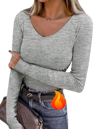 Wayleb Camiseta Térmica Mujer Manga Larga Cuello en V Ajustada Elástica con Agujeros para Los Pulgares Tops Deportivo de Invierno para Running y Gym