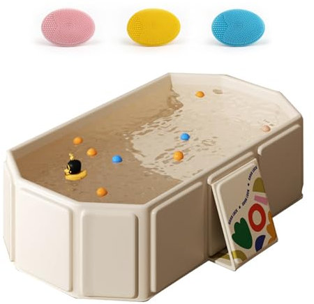 Folding Bathtub, Foldable Dog Bath Tub Integrated Portable Shower Basin with 3 Silicone Bath Brushes PVC Folding Thicken Bathtubs with Outfall and Support Feet Foldable Paddling Pool