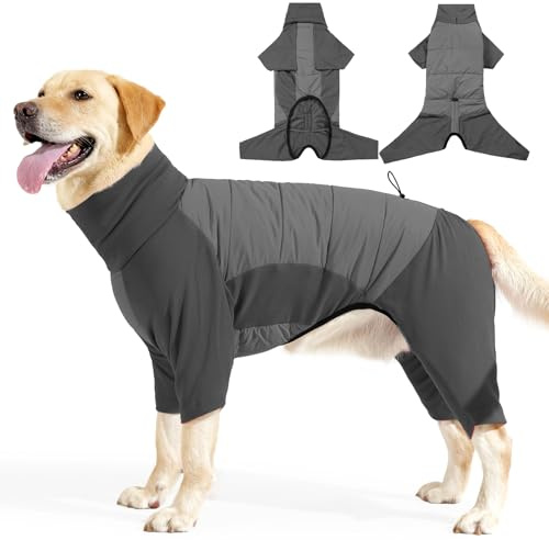 PAWIVID Vinterhundrock med ben, hundtröja fleecefoder hundjacka med polokrage, varm helkroppspyjamas med hål för koppel för små, medelstora och stora hundar (grå, XXXL)