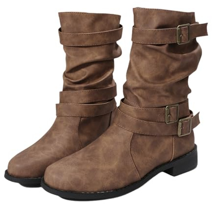 Bottes mi-mollet pour femmes, largeur large, design plissé, talon bas, avec boucles décoratives, bottes motardes, bottes militaires classiques, bottines à bout rond, confortables (marron,36)