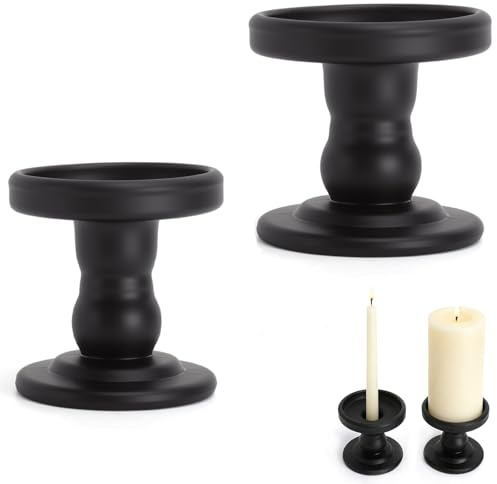 Portacandele in Metallo Nero con Vetro, 2 Pezzi per Candele Pilastro e Candele Lunghe, con Piattino e Supporto Candela per Decorazione Tavola, Soggiorno, Matrimonio, Natale e Feste