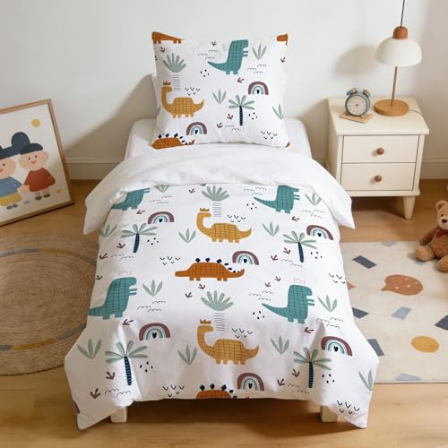 DJDEA Dino Ropa de cama infantil de 135 x 200 cm, microfibra suave, diseño de dinosaurios, ropa de cama infantil con cremallera, funda nórdica y 1 funda de almohada de 80 x 80 cm, regalo para niño
