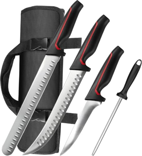 MOSFiATA Carving Knife Set with Roll Bag Portable Non-Slip Secure Grip | 3 Pcs Sharp Ham Filleting Butcher Boning Knife Sharpening Rod Kitchen Knives Sets for Professional Chef Home BBQ Gifts