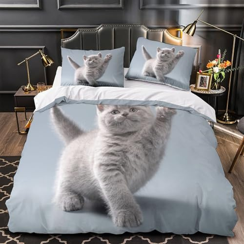 QEVAWPAE Gattino grigio che saluta copripiumino Set di Biancheria da Letto ultra stampa 3D con federa per cuscini Posa di animale carino Set Di Copripiumino for adulti e ragazze Single（135x200cm）