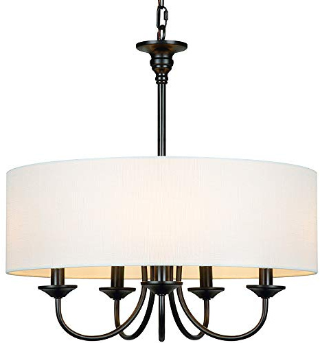 T&A Traditional 5-Light Chandelier with White Linen Drum Shade,20 Simple Chain Pendant Light Lights for Foyer Dining Room Living Room
