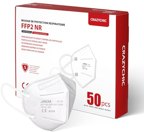 CRAZYCHIC - 50 Mascarillas FFP2 NR Blanca - Certificada CE EN149 - Mascarilla de Protección Respiratoria Antipolvo - 5 Capas Alta Filtración - Hipoalergénica - Envasado Individual - Paquete 50